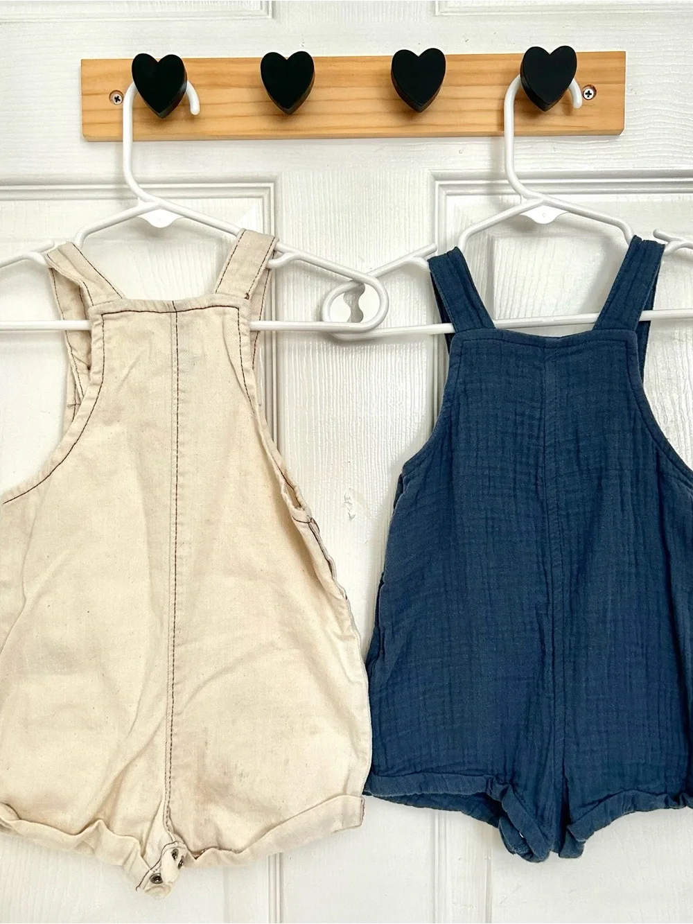 Old Navy Set of 2 Overall Shorts Romper 6-12 mo- Cream Chambray and Blue Muslin